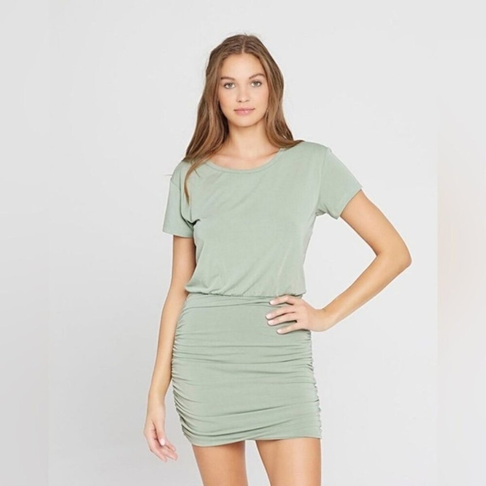 L Space Olive Green Comfort Style Elegance Ruched waist Modern Balboa Dress Sz M